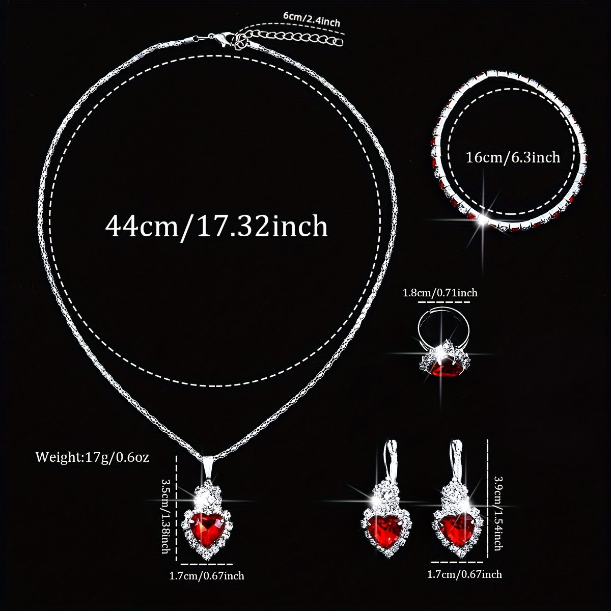 5pc Women's Heart-shaped Rhinestone Jewelry Set